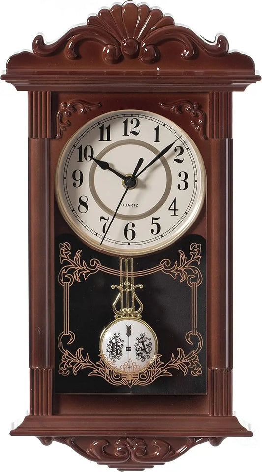 Vintage Wood-Look Pendulum Wall Clock – Battery Operated, Brown