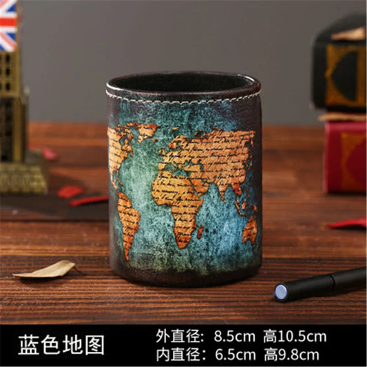 Antique Vintage World Map Pencil Holder – PU Leather Desk Organizer