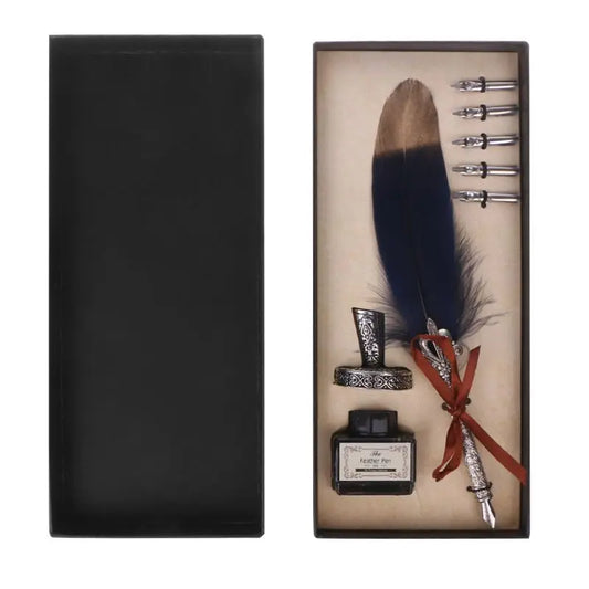 Vintage English Calligraphy Feather Quill Pen Set – Fountain Dip Pen with Ink & 5 Nibs