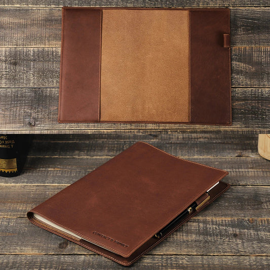 Retro Genuine Leather Book Cover Sleeve with Pen Holder – Business Notepad & Notebook Case