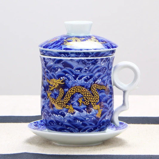 Chinese Dragon Ceramic Tea Mug – With Strainer, Lid & Saucer