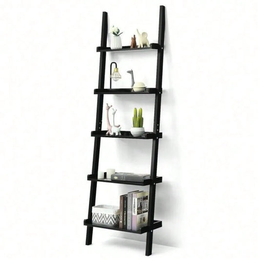 5-Tier Wooden Leaning Ladder Bookshelf – Open Storage Display for Living Room & Office