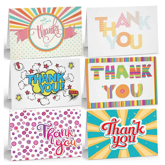 24pcs Folded Thank You Card Set – 6 Styles of Colorful Holiday & Gift Message Cards