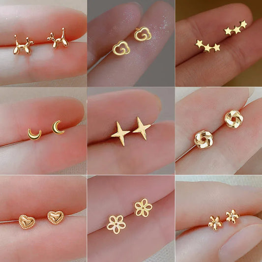 Metal Gold Color Small Stud Earrings – Multiple Styles for Women & Teens