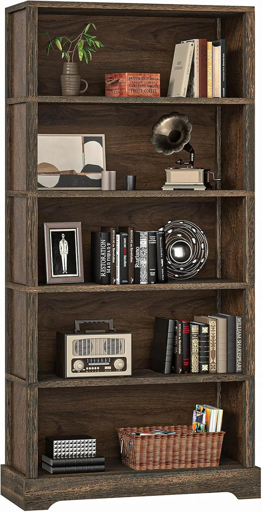 5-Shelf Wood Bookcase – 65” Tall Floor Standing Bookshelf with Storage (Rustic Brown)