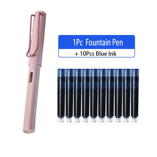High-Quality Inking Pens Set – 1 Fountain Pen + 10 Ink Refills (Black/Blue/Red)