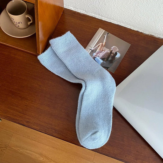 100% Cashmere Mid-Calf Socks – Korean Style Retro Wool Long Socks for Women