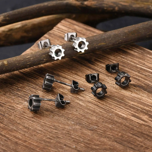Stainless Steel Gear Stud Earrings for Men & Boys – Punk Rock Ear Jewelry