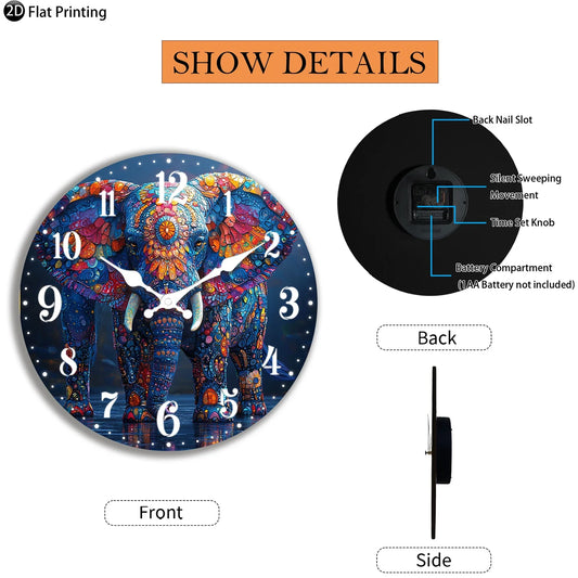 Wooden Silent Wall Clock – Colorful Elephant Design Quartz Analog Clock