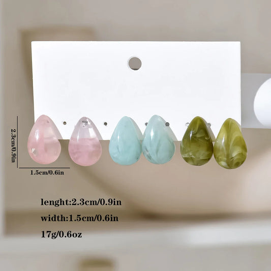 3-Pair Korean Vintage Water Drop Resin Stud Earrings – Elegant & Versatile Ear Jewelry Set