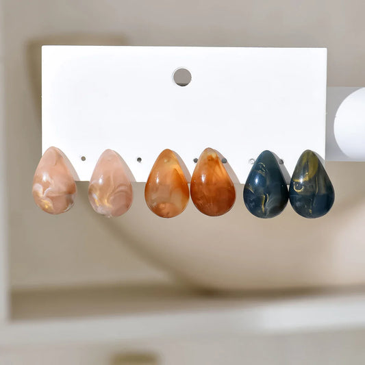3-Pair Korean Vintage Water Drop Resin Stud Earrings – Elegant & Versatile Ear Jewelry Set