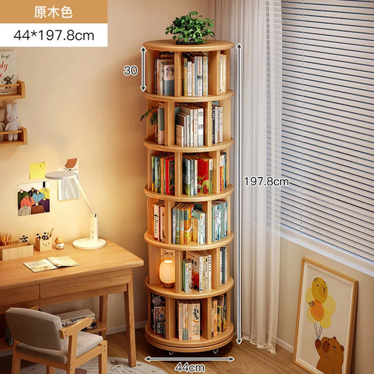 Solid Wood Rotating Bookshelf – 360° Floor-Standing Movable Bookcase for Corners & Kids’ Rooms