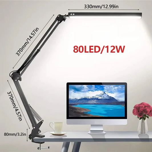 LED Folding Table Lamp – Long Arm Metal Clip-On Dimmable Desk Lamp with USB Plug