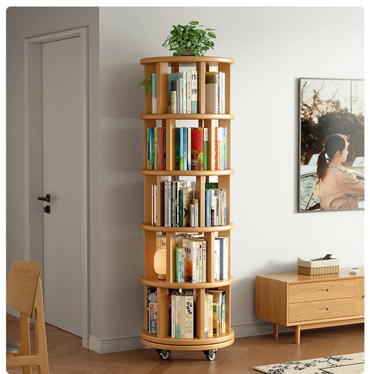 Solid Wood Rotating Bookshelf – 360° Floor-Standing Movable Bookcase for Corners & Kids’ Rooms