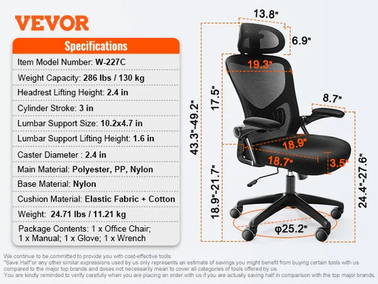 VEVOR Ergonomic Office Chair – Mesh Seat with Sliding Function & Adjustable Lumbar Support