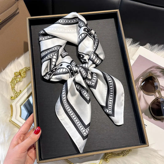 2025 New 70×70cm Silk Satin Hair Scarf – Printed Square Bandana for Women