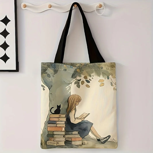 Book Girl Printed Casual Tote Bag – Reusable Shoulder Backpack for Everyday Use