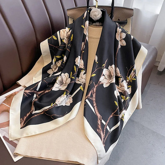 Women's Floral Printed Hijab Scarf – 90cm Lightweight Simulated Silk Shawl