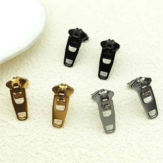 Hip-Hop Zipper Ear Studs – Stainless Steel Gold Earrings for Men &; Women