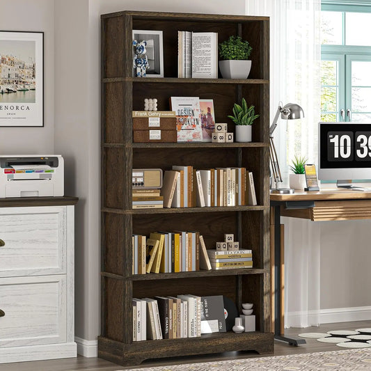 5-Shelf Wood Bookcase – 65” Tall Floor Standing Bookshelf with Storage (Rustic Brown)
