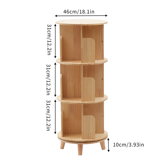 Wood 360° Rotating Bookshelf – 3-Tier Floor Standing Bookcase Storage Rack
