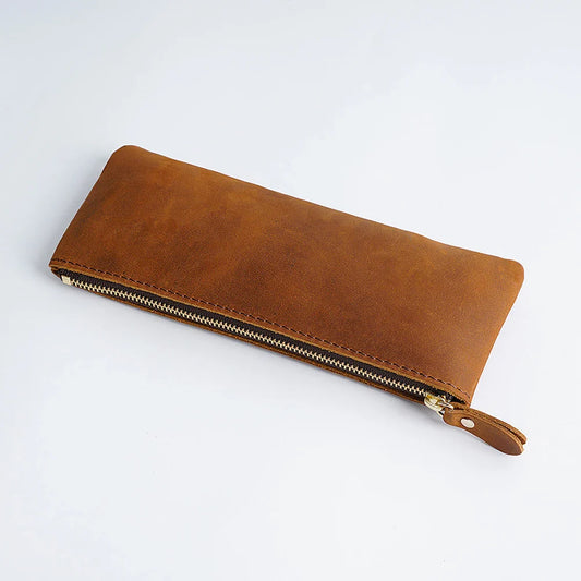 Vintage Genuine Leather Zippered Pencil Case – Cowhide Pen Holder & Travel Organizer