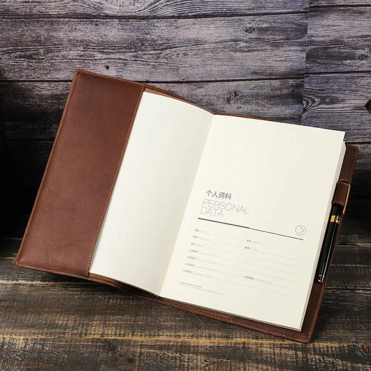 Retro Genuine Leather Book Cover – Sleeve Protector with Pen Holder