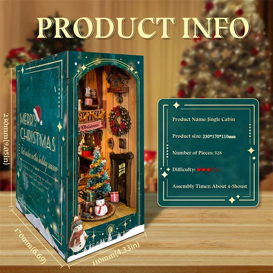 Merry Christmas DIY Wooden Book Nook – Jingle Cabin Miniature Shelf Insert Kit