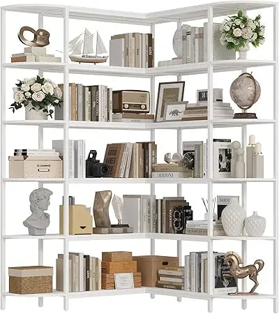 71.5" Tall Corner Bookshelf – L-Shaped 6-Tier Wooden Etagere with Open Storage