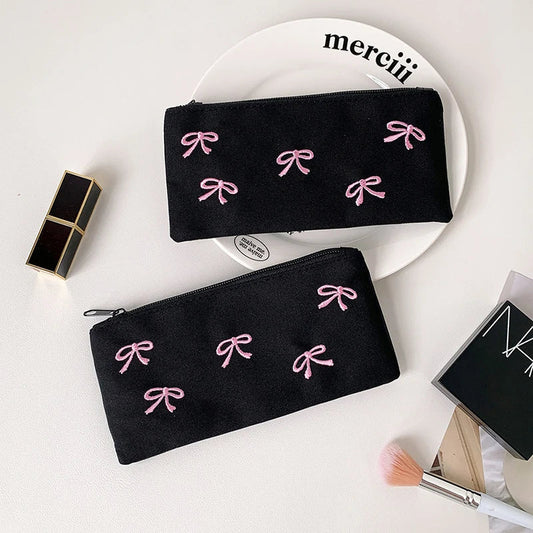 Bowknot Print Pencil Case – Portable Large-Capacity Stationery & Cosmetic Bag