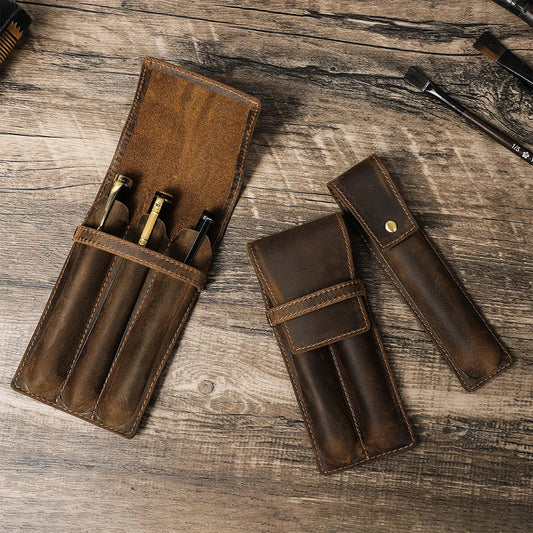 Handmade Crazy Horse Leather Pen Case – 1/2/3 Slot Vintage Organizer for Fountain Pens