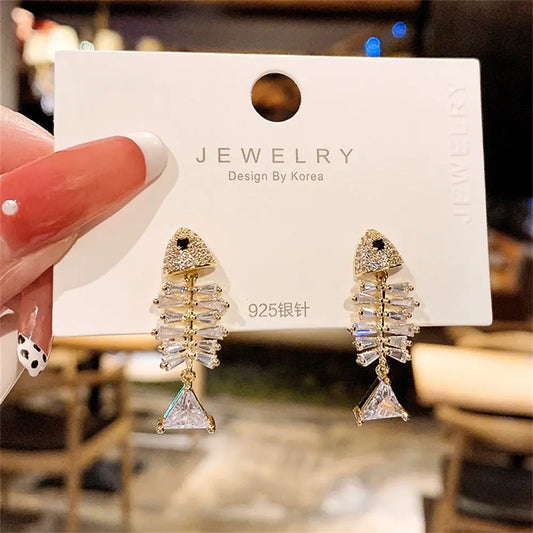 Crystal Dangle Stud Earrings – Zircon Rhinestone Fish Drop Design