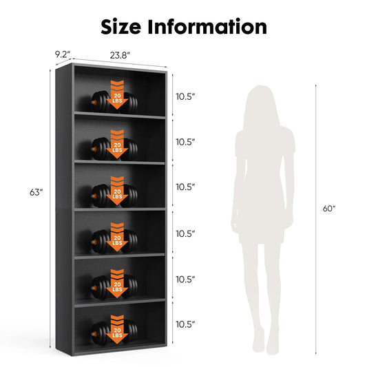 JHK 6-Tier Wooden Shelf Bookcase – 63" Tall Floor-Standing Open Bookshelf