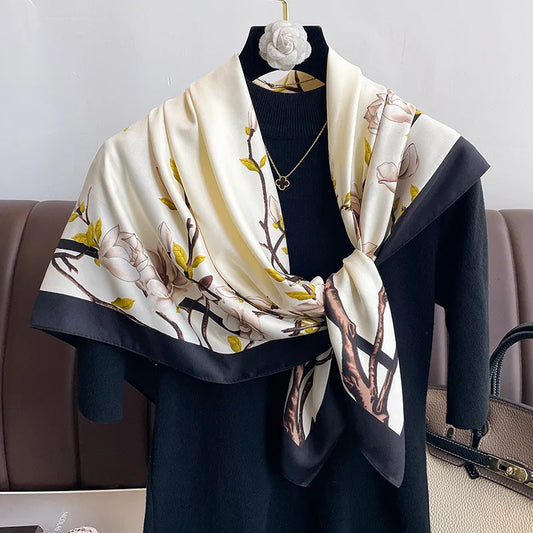 Women's Floral Printed Hijab Scarf – 90cm Lightweight Simulated Silk Shawl