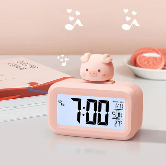 Cute Animal LED Digital Alarm Clock – Cartoon Pig Night Light for Kids' Room & Bedroom Decor