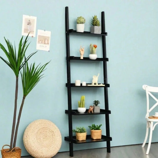 5-Tier Wooden Leaning Ladder Bookshelf – Open Storage Display for Living Room & Office