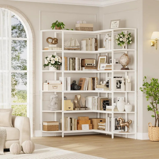 71.5" Tall Corner Bookshelf – L-Shaped 6-Tier Wooden Etagere with Open Storage