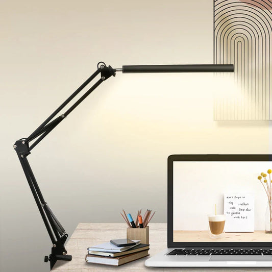 LED Folding Table Lamp – Long Arm Metal Clip-On Dimmable Desk Lamp with USB Plug