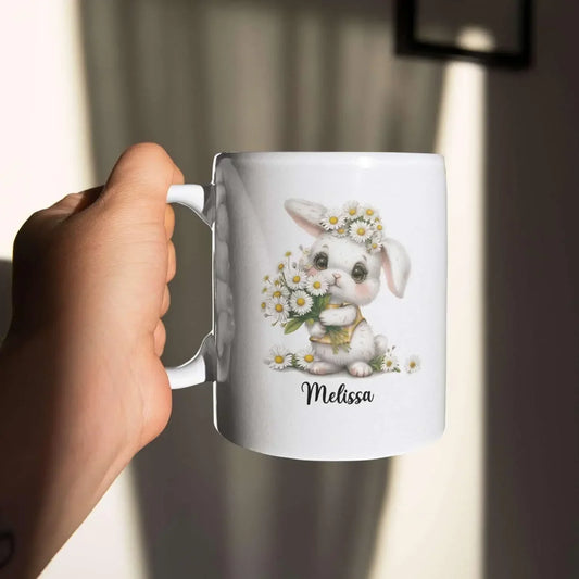 Personalized Bunny Ceramic Mug – Cute Daisy Design for Coffee & Tea Lovers