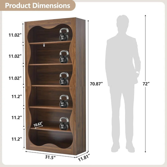 71" Tall Bookshelf – 6-Tier Large Wooden Freestanding Bookcase Display