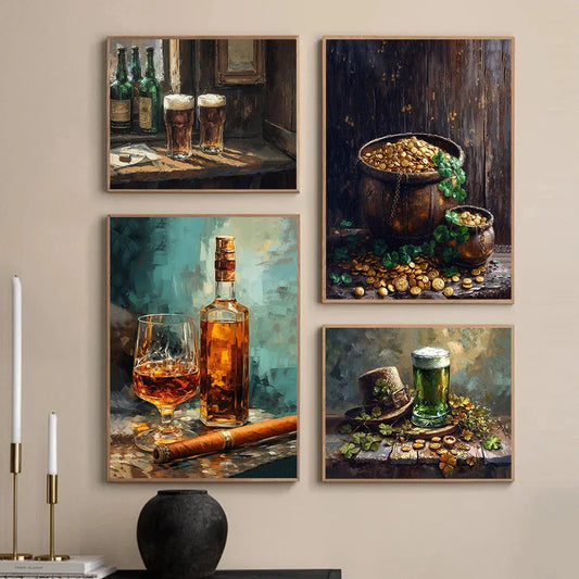 Vintage Whiskey & Cigar Still Life Canvas Art – Bar & Kitchen Wall Decor