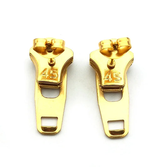 Hip-Hop Zipper Ear Studs – Stainless Steel Gold Earrings for Men &; Women