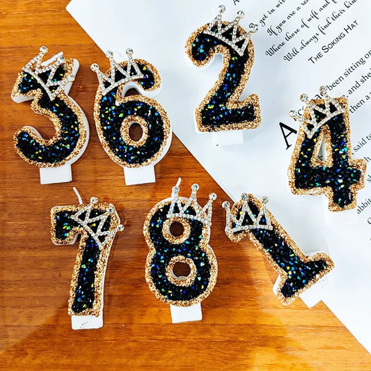 Black Diamond Crown Number Candles (0–9) – Birthday Cake Topper Decoration
