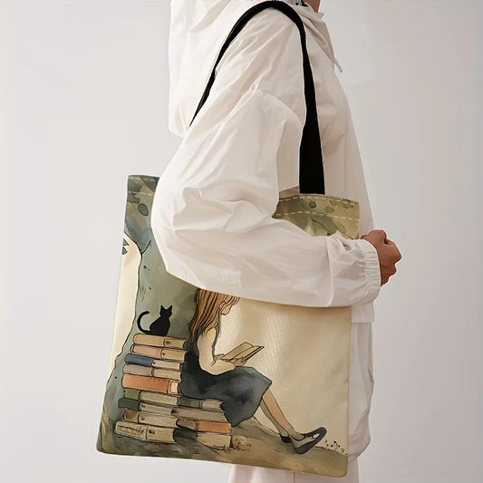 Book Girl Printed Casual Tote Bag – Reusable Shoulder Backpack for Everyday Use