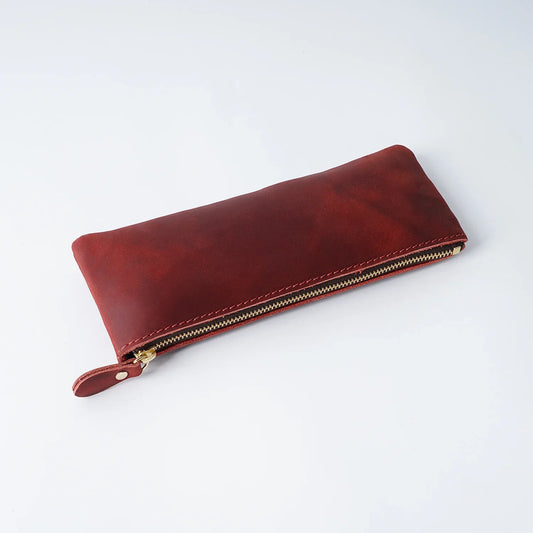 Vintage Genuine Leather Zippered Pencil Case – Cowhide Pen Holder & Travel Organizer