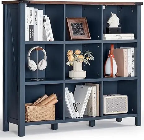 9-Cube Bookcase – 47" Wide Navy Blue Farmhouse Bookshelf with 3-Tier Open Storage
