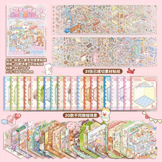 New 3D Cartoon Sticker Book – DIY Landscape Sticker Pocket Book with Cabin Scene