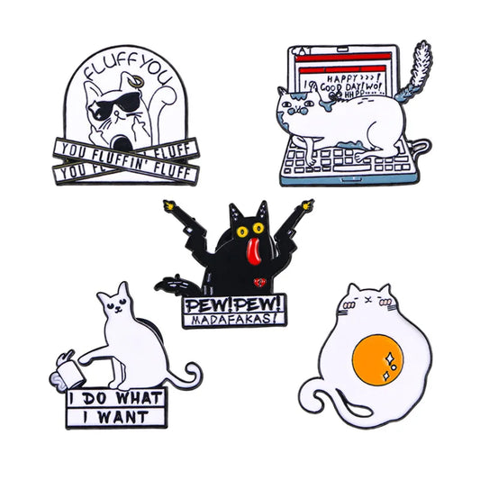 5PCS Cartoon Black & White Punk Enamel Pins – Funny Lapel Badges for Backpacks, Hats &amp; Clothing